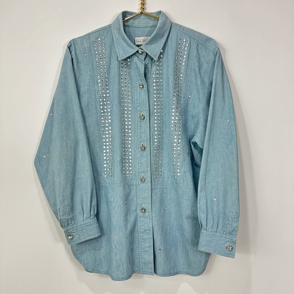 Vintage 80's  Fini Lignarolo Denim and Rhinestone Button Down - Picture 1 of 8